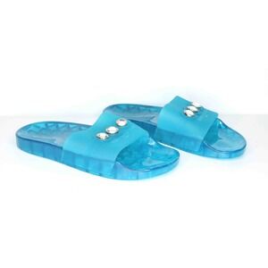 Karl Lagerfeld‎ Blue Toni Designer Pool Sandals Diamond Comfort Slides Womens 7